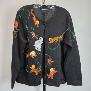 Vintage Michael Simon NY Novelty Cardigan Sweater Jungle Animal Monkey Y2K Large